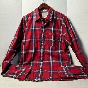 Y2K Abercrombie & Fitch Men's Red Plaid Button-Up Shirt Size XXL